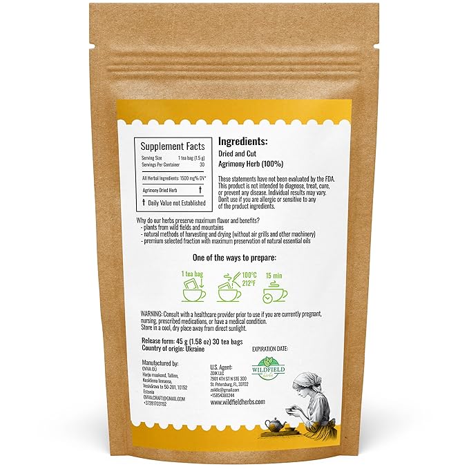 30 Bags Agrimony Herb Dried Cut Agrimony Flower Tea (Agrimonia Eupatoria L.) - 30 Count 2g Tea Bags Agrimonia Flor De Hierba De San Guillermo