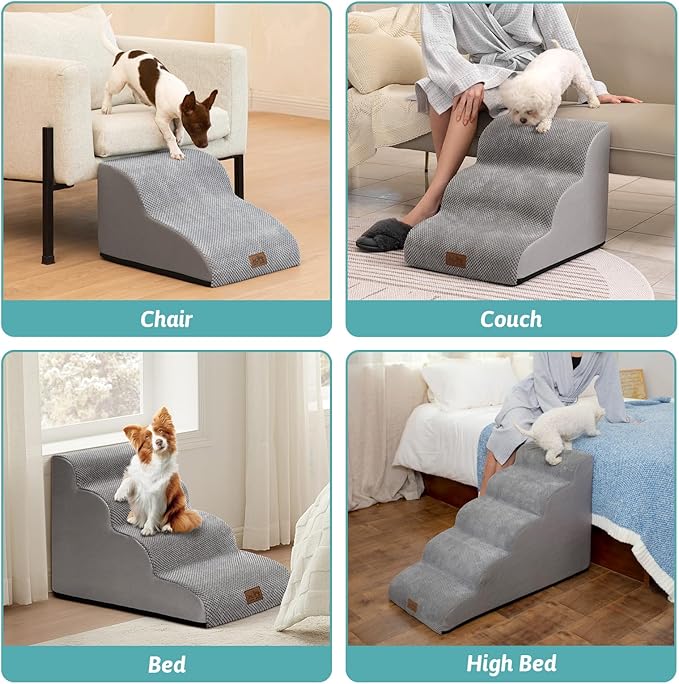 COZY KISS Dog Stairs for Small Dogs 15.7" H, Curved Dog Step for Puppy, Older Cat, Medium Pet Ramp for Sofa, Couch or Chair, Ladder with High Density Foam, 3 Step, 15.7x22.4x15.7 inch, Grey