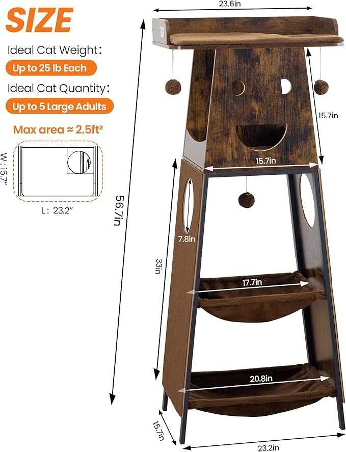 Modern Wood Cat Tree for Indoor Cats, 56 Inch Tall Cat Tower with Hammock, Multi-Level Trees with Perch Bed, 2 Hammock, Cat Condo, Scratching Board, Removable Pad, Cat Furniture, Rustic Brown