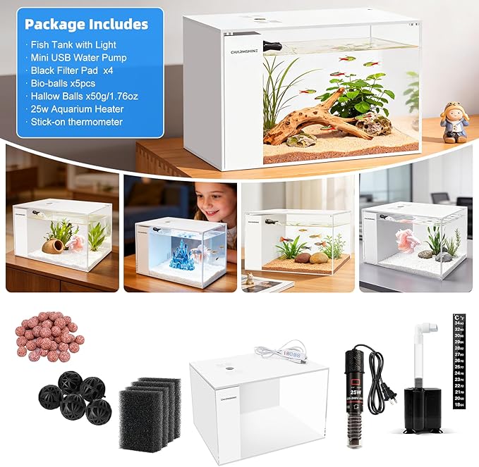 Fish Tank Betta 2.5 Gallon Desktop Small Beta Fish Aquarium Starter Kit with 25W Heater LED Light and Mini Water Pump & Filter Media Compact Aquarium for Betta Fish, Shrimp(White)