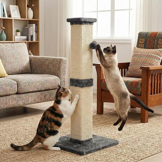 32" Tall Cat Scratching Post, Cat Scratcher with Heavy Duty Thick Wood Base, Cat Tower with Natural Sisal Rope and Hanging Ball, Plant-Like Design Scratching Post, for Small and Adult Kittens, Grey