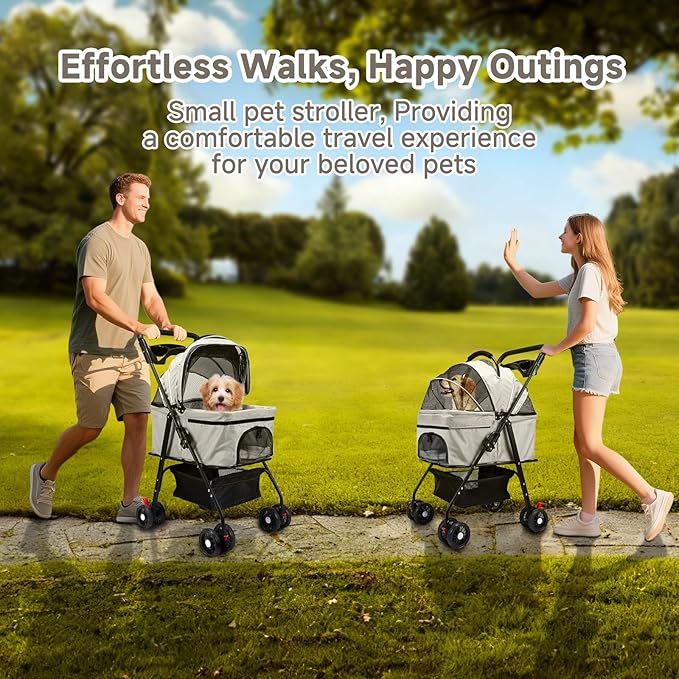 Pet Stroller for Small Dogs and Cats with 4 Wheels, 3 in 1 Foldable Dog Stroller with Detachable Carrier, Breathable Mesh, Storage Basket & Cup Holder, Up to 33 lbs