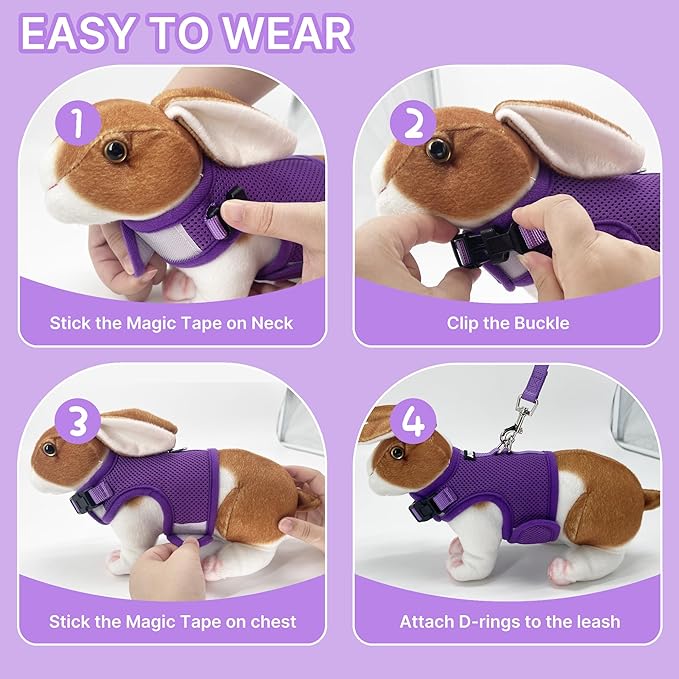 AIITLE Lightweight Escape Bunny Harness and Leash Set - Air Mesh Vest with Double D-Rings, Adjustable & Magic Tape Design, for Ferret/Cat/Puppy Training and Hiking Adventures, Purple L