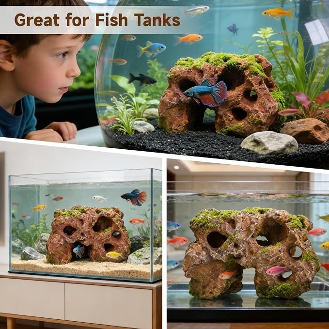 Homaisson Large Aquarium Decoration Hideout Cave, Resin Rock Mountain Fish Tank Ornament with Multiple Holes, Artificial Coral Style Aquarium Cave for Fish Shrimp and Aquatic Pets