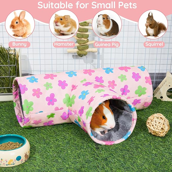 Glittme Guinea Pig Tunnel Washable Guinea Pigs Hideout Portable Rabbit Tunnels Soft Ferret Tunnel for Playing Resting Guinea Pig Accessories for Hedgehogs, Hamster, Apricot Flowers