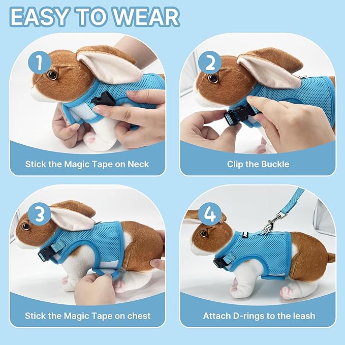 AIITLE Breathable Bunny Harness and Leash Set, Adjustable Straps & Magic Tape Design, Comfort Fit Vest for Puppies, Cats, Squirrels, Rats, Bunnies, Ferrets, Outdoor Walking, Blue S