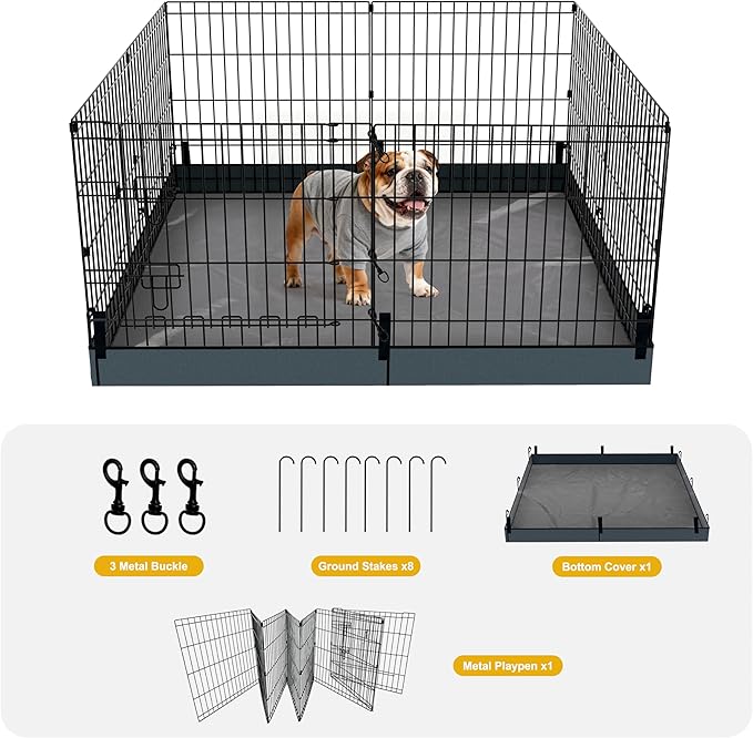 Dog Playpen, Foldable Metal Puppy Play Pen with Bottom Pad, 24x30in 8 Panels Dog Playpen with Door for Indoor Outdoor, Heavy-Duty Pet Exercise Fence for Small Medium Animals
