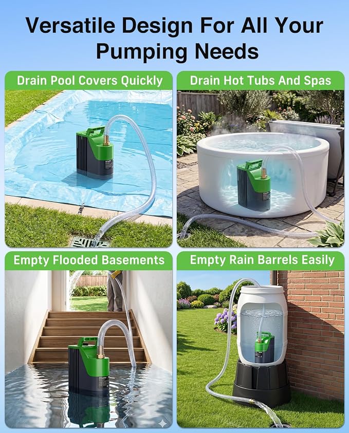 TaskStar Cordless Submersible Water Pump for Pool Cover & Basement | Smart Remote Control, 60-Min Continuous Runtime, 30FT High Water Lift, Portable Submersible Design for Hot Tub and Garden
