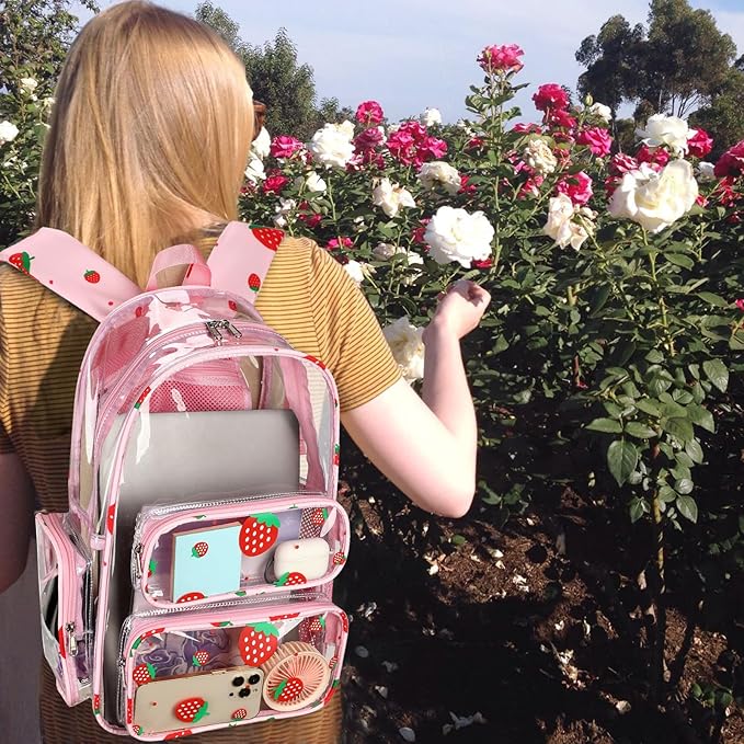CAMTOP Clear Backpack Heavy Duty Transparent Bag See Through BookBag for Student School Work Festival Sport Travel (Clear Strawberry)
