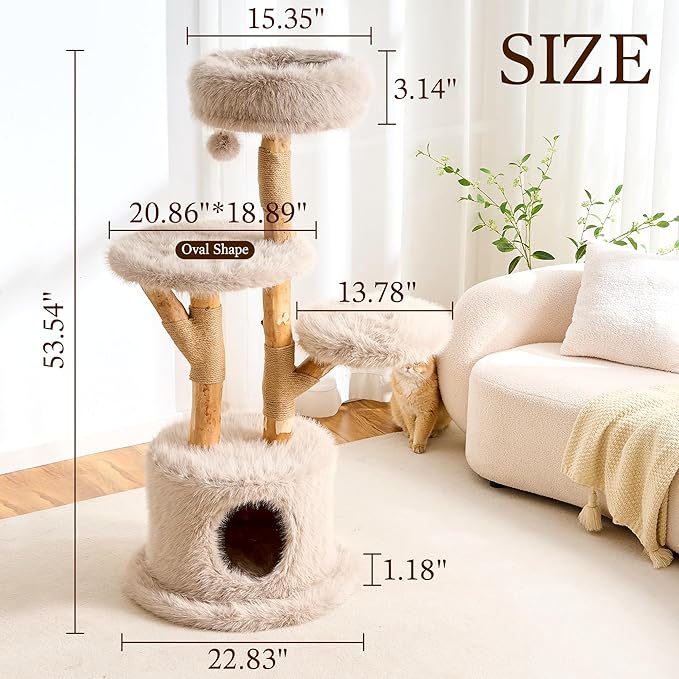 HITTITE Natural Wood Cat Tree Tower with Scratching Post, 53.5 Inches Tall Modern Cat Tower with Cozy Bed and Condo, Luxury Real Branch Cat Tree for Indoor Cats Large Adult, Khaki.