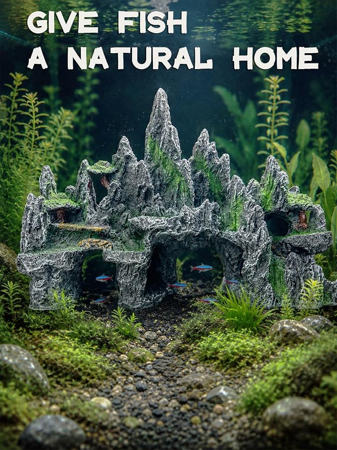 Aquarium Decor - Large Mountain Rock Cave for Fish Tank, Aquarium Hideout Ornament with Rock Texture for Betta, Guppy, Shrimp - Aquatic Hide Decoration, Fish Hiding House(Black)