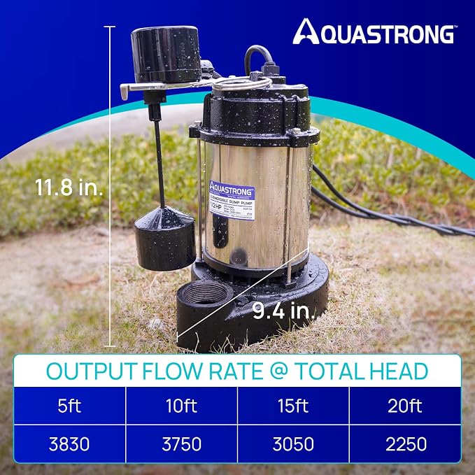 AQUASTRONG 1/2HP Sump Pump, 3830 GPH Submersible Pump, 1-1/2" NPT Discharge | Stainless Steel and Cast Iron Sump Pump, Automatic Integrated Vertical Float Switch with Piggy-back Plug for Basement