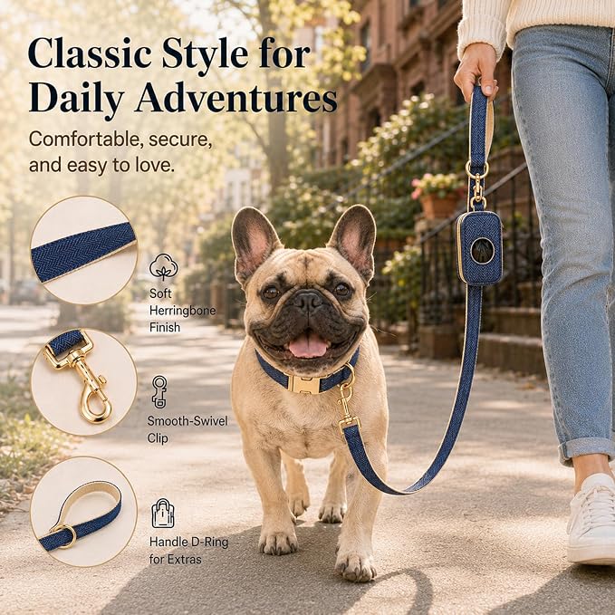 Herringbone Tweed Dog Collar and Leash Set for Small Dogs, Navy Blue | Snag-free, no-rub design. Soft breathable cotton, gentle on fur. Adjustable durable matching combo for walks & outdoors.