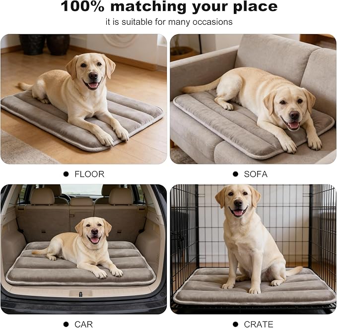 pobopobo Dog Crate Pad, Ultra Soft & Anti-Slip Kennel Mat, Secure Fit for Metal Crates & Dog Cages, Washable Cozy Bed for Small Medium Large Dogs (Light Brown, L(34"*20"*1.5"))