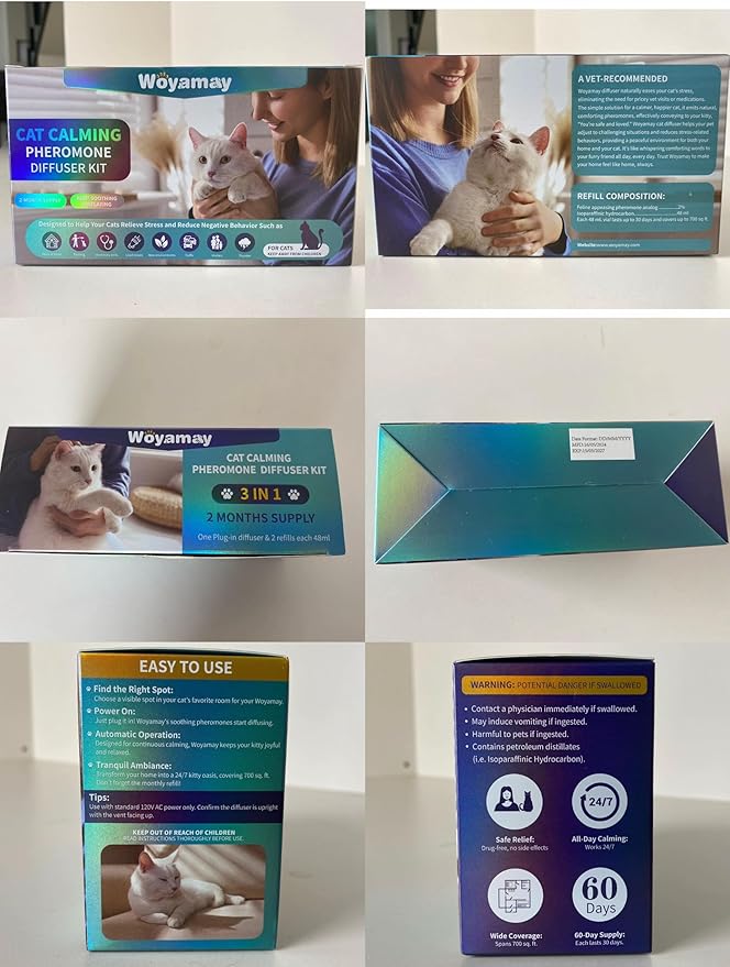 Woyamay Cat Calming Diffuser - Cat Pheromones Calming Diffuser for Cat Anxiety Relief 3-in-1 Cat Pheromone Diffuser Kit with 1 Diffuser + 2 Refill 48ml Vial - 60 Days Pheromone Diffuser to Calm Cats