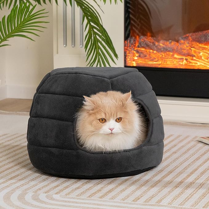Hollypet Cat Bed Self-Warming 2 in 1 Foldable Kitty Cave House Nest Pet Sleeping Bed for Indoor Cats, Gray Igloo