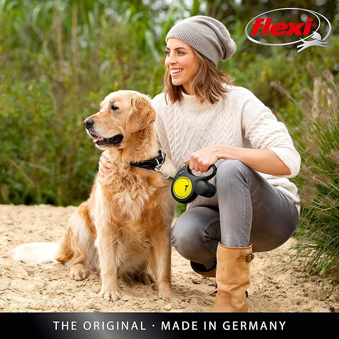 FLEXI New Neon Tape Retractable Dog Leashes for Large Dogs Upto 110 lbs. – 16 ft., Neon Yellow/Black | Tangle Free Pet Walking Leash with One-Handed Brake, Pause, Lock|German Quality Product