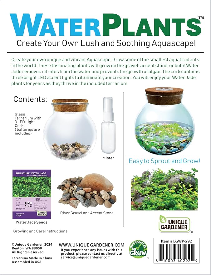 WaterPlants- Create Your Own Lush and Soothing Aquascape Terrarium Starter Kit, Indoor Plant Glass Globe Terrariums with Powerful 3 LED Light and Complete Supplies, Just Add Water!