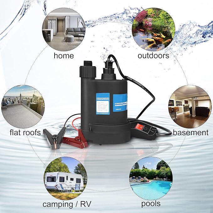 Water Pump Submersible Pump DC 12V Sump Pump 1500 GPH Utility Pump Black | 20Ft Battery Cord with On/Off Switch, 3/4" Hose Adapter, Ideal for Water Tank, Sump Pit, Pond, Yard Draning