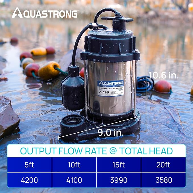 AQUASTRONG 3/4 HP Sump Pump, 4200 GPH Stainless Steel and Thermoplastic Submersible Water Pump, Automatic Float Switch with Piggy-back Plug,1-1/2" NPT Discharge Subpumps for Basement and Flooding Area | Stainless Steel and Cast Iron Sump Pump, Automati...