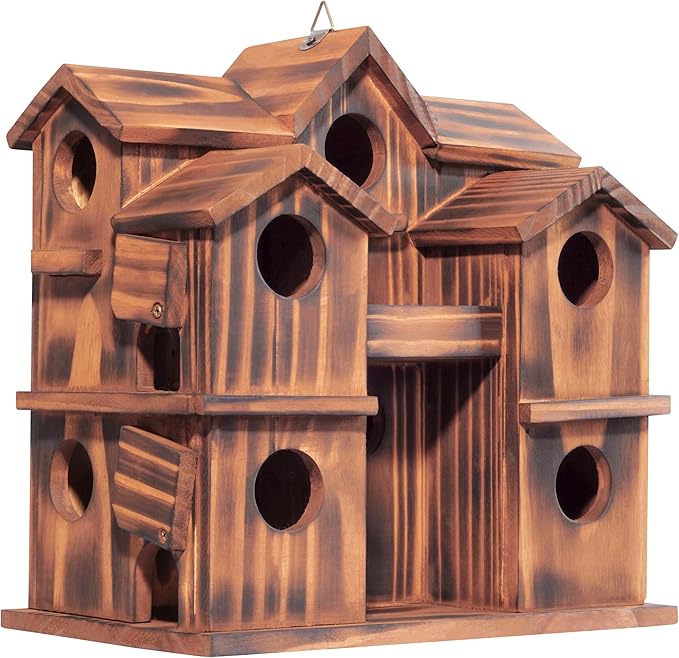 MIXUMON Wooden Bird Houses for Outside – 10 Rooms Multi-Chamber Bird House, Carbonized Pine Rustic Finish, 1.57" Entrance Holes, Individual Cleaning Doors, Decorative Outdoor Bird Nesting Box