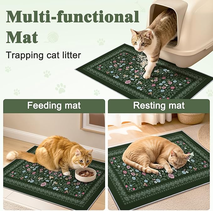 Bienbee Cat Litter Mat, 2PCS 28"x20" Machine Washable Litters Box Mats Non-Slip &Waterproof Cat Litters Trapping Mats Easy to Clean Mat for Litter Box Less Waste Protects Floors Dark Green M