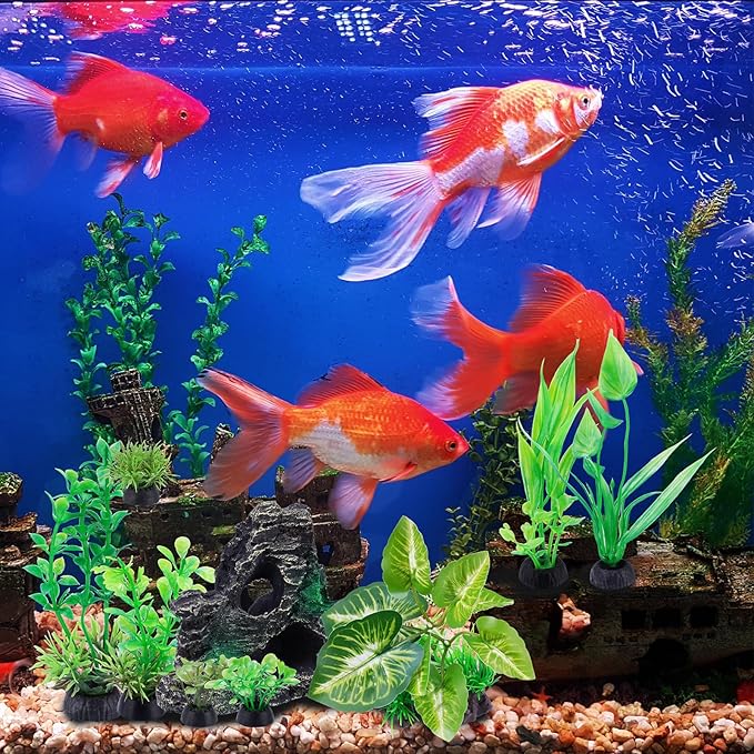 NiHome 9PCS Realistic Aquarium Artificial Plant Decoration Set, Weighted Base Driftwood, Rock Mountain & Aquatic Plants, Non-Fading Aquascape Greenery Ornaments for Freshwater or Saltwater Fish Tanks