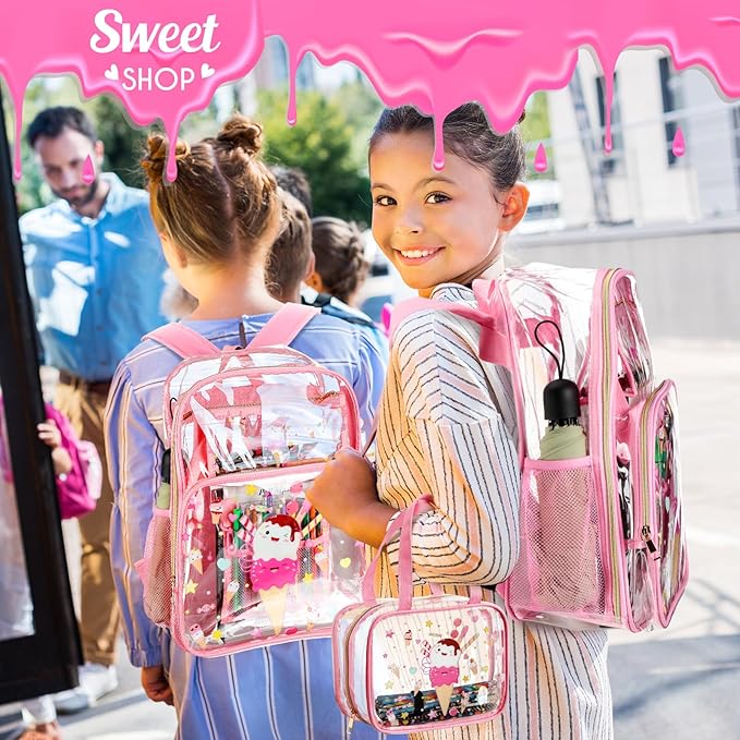 Kacctyen 3 Pcs Clear Backpack Heavy Duty Clear Stadium Bag Transparent Backpack with Lunch Bag(Pink,Ice Cream)
