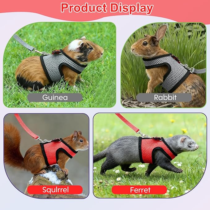 Guinea Pig Harness and Leash,2packs Guinea Pig Clothes Baby Ferret Rats Hamster Soft Mesh Harness Leash for Decoration,Hamster Harness can be Adjusted to Any Size. (Red + Grey)