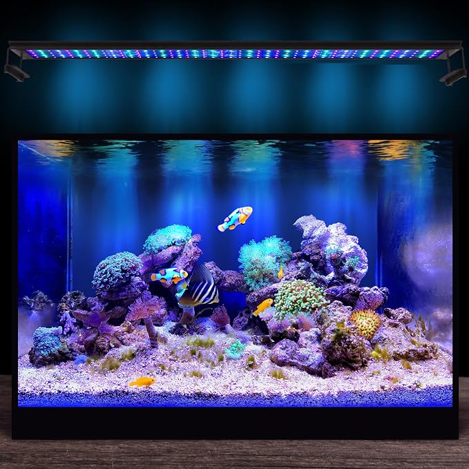24W LED Saltwater Aquarium Light, Marine Reef Lights for Coral with White, Blue, Cyan, UV Violet LEDs Dimmer 7/24 Timer for SPS/LPS Corals Fish Tanks(12-18in)