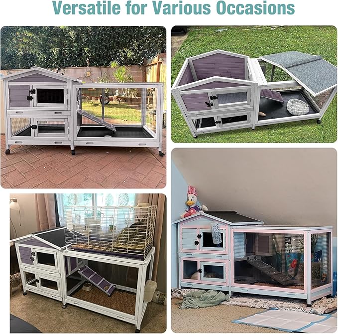 Suumerpety 62" Rabbit Hutch with Chew-Proof Ramp & Waterproof Roof - Indoor/Outdoor Bunny Cage, 2-Story Design, 6 Lockable Caster Wheels & Dual Pull-Out Trays (Grey)