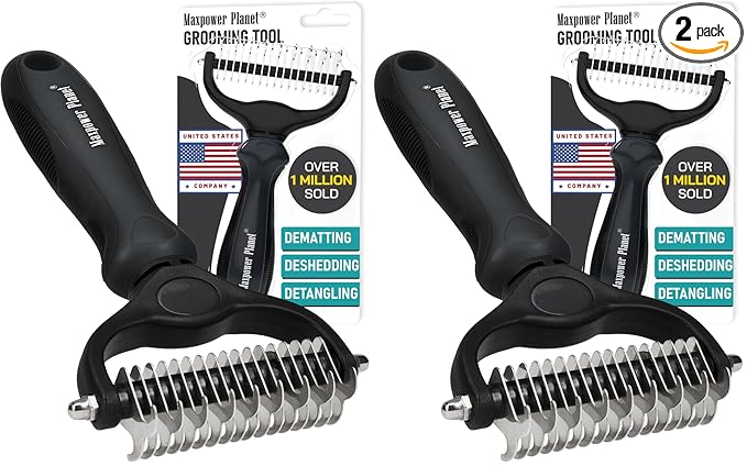 Maxpower Planet Hair Brush - Double Sided Shedding, Dematting Undercoat Rake for Dogs and Cats, Extra Wide Dog Grooming Brush, Reduce Shedding by 95%, Black (Pack of 2)