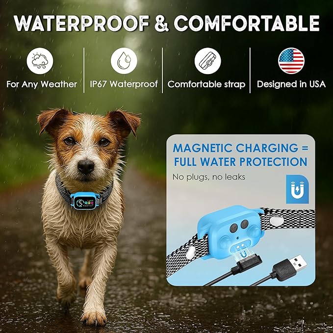 Bark Collar for Small Dogs 8-40 Ibs - No Shock Anti Barking Collar with Al Chip - 3 Modes & 5 Sensitivity Levels - Waterproof, Rechargeable, Magnetic Charging - Humane, Effective Training (Blue)