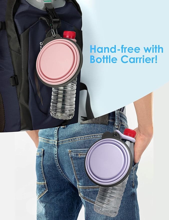 Aonkey Collapsible Dog Bowls with Bottle Carrier, 2 Pack Travel Dog Water Bowl Upgraded Carabiner, One-piece Molded Rim No Fall Off or Crack, Foldable Silicone Portable for Pets Walking Hiking 37oz
