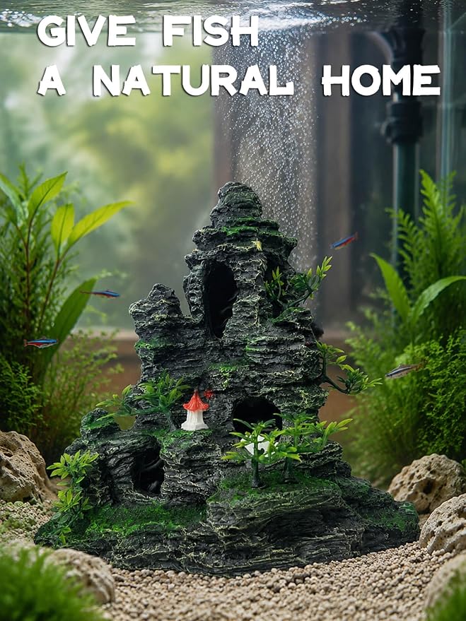 Aquarium Decor - Tall and Large Mountain Rock Ornament for Fish Tank, Aquarium Hideout with Rock Texture for Betta, Guppy, Shrimp - Aquatic Hide Decoration, Fish Hiding House(Red Tower)