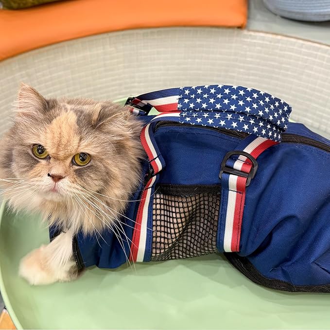 Cinf Cat Nail Clipping Cleaning Grooming Restraint Bag (Free Muzzle) No Scratching Biting for Bathing Nail Trimming Injecting Examining((Blue USA Flag,M)