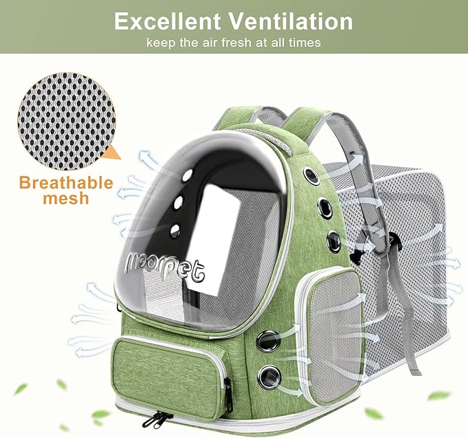 Cat Bubble Backpack Carrier, Expandable Breathable Pet Backpack for Cats Dogs Up to 20 lbs, Airline Approved Foldable Transparent Travel Carrier for Small Pets, Green