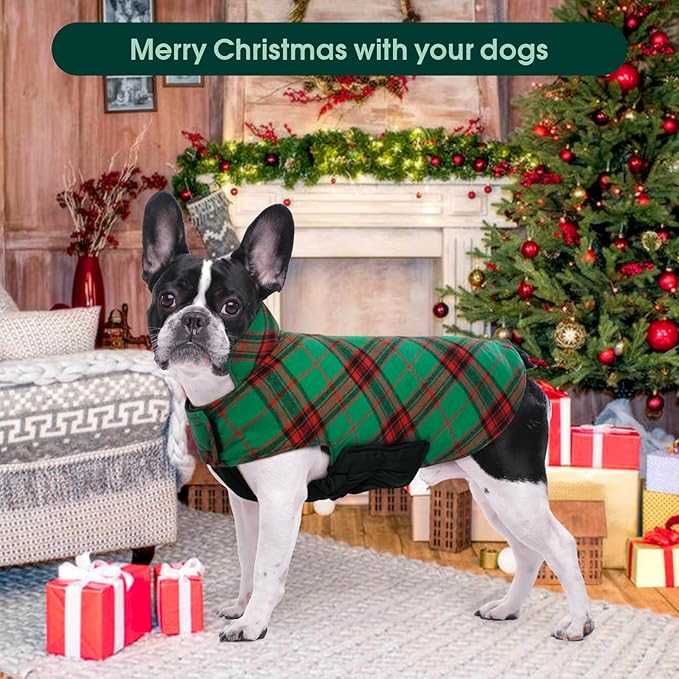 Kuoser Warm Dog Coat, Waterproof Dog Jacket for Extra Large Dogs, Adjustable Durable XL Doggie Winter Coat Reversible Cozy Puppy Cold Weather Apparel from Small to Large Breed, Christmas Green XL