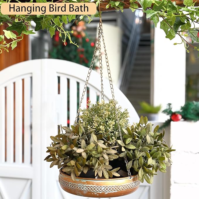 Metal Hanging Bird Bath for Outdoors, Antique Patina Hanging BirdBath for Outside, Hanging Birdbath/Feeder for Outside Garden, Yard, Lawn Decoration