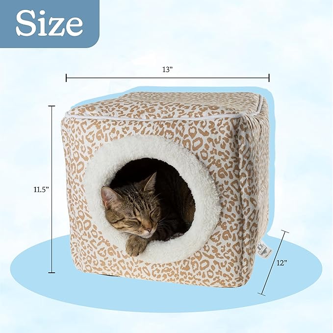 Cat Pet Bed Cave- Indoor Enclosed Covered Cavern/House for Cats Kittens and Small Pets with Removable Cushion Pad by PETMAKER, Tan/White Animal Print 13x12x12