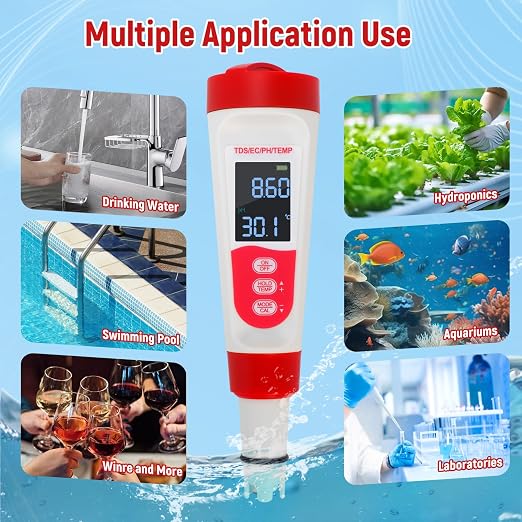 Digital Pool Water PH Tester - Multifunctional 4 in 1 PH Meter for Water/TDS/EC/Thermometer, TDS EC Meter Digital Water Tester with LCD Display for Drinking Water Swimming Pools Aquariums Hydroponics