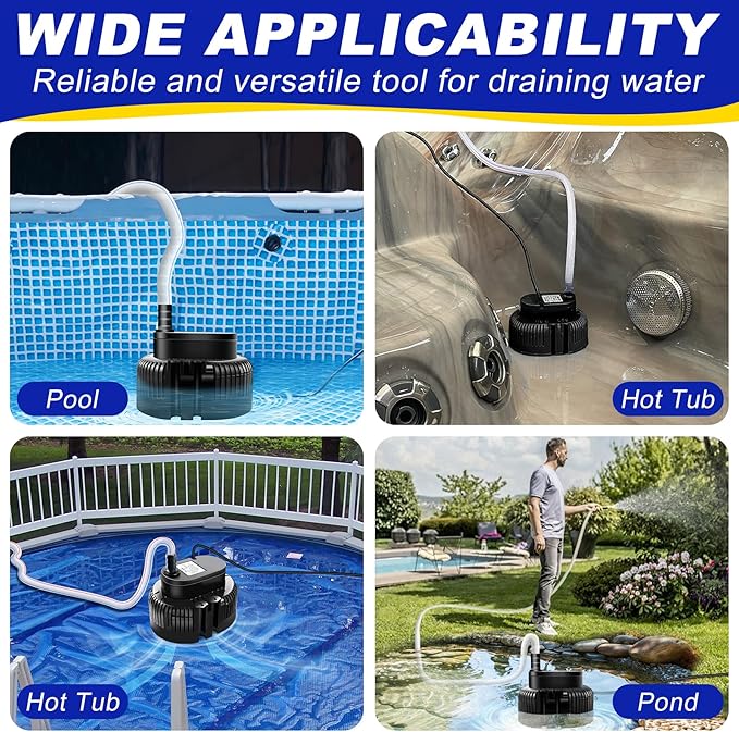 Pool Cover Pump above Ground-Submersible Sump Pump Swimming Water Removal Pumps, Sump Pumps for Pool Draining with 16ft Drainage Hose & 25 ft Extra Long Power Cord,850 GPH,3 Adapters-Black