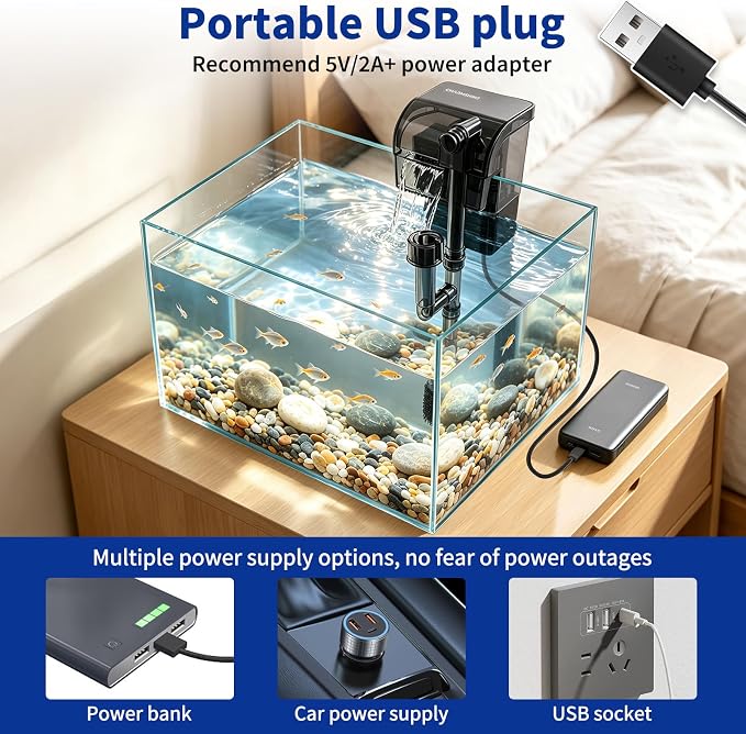 Hang On Back Aquarium Filter Up to 5 gallon Small Slim Fish Tank Filter | Oil Removal Design,Upgraded 3-Stage Filtration,Adjustable Flow Rate,USB Aquarium Filter for Betta Shrimp tanks