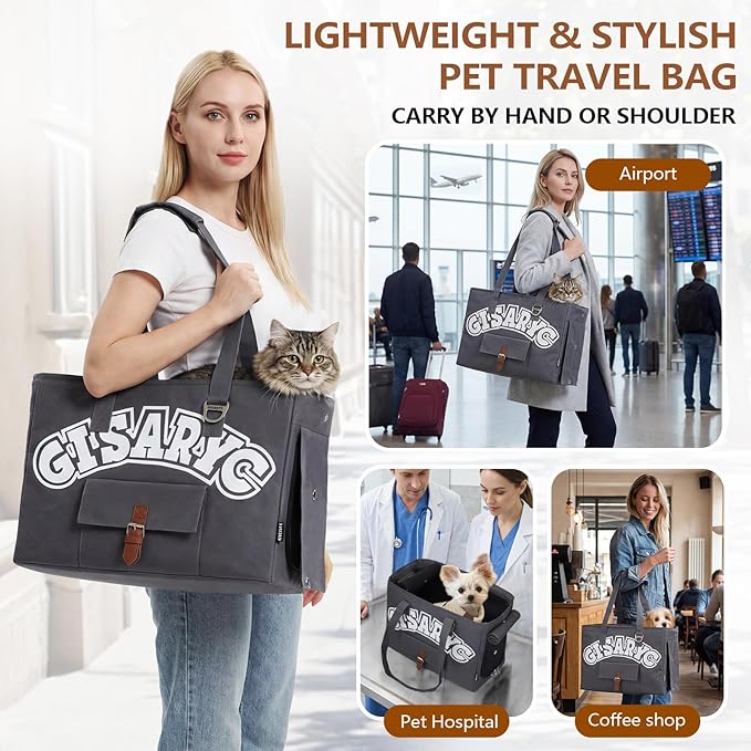 Dog Purse Carrier for Small Dogs, Cats and Puppies – Soft-Sided Foldable Pet Travel Bag with Multi Pockets, 3-Sided Mesh & Rollable Cover for Nervous Cats, Fits Pets up to 15 lbs (Grey)