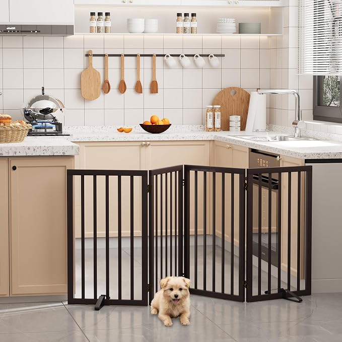 Freestanding Dog Gate Indoor 32“Tall, Foldable Dog Gates for Doorways, 4-Panel Pet Gates for Dogs with with 2 Metal Stands (74" W, Espresso)