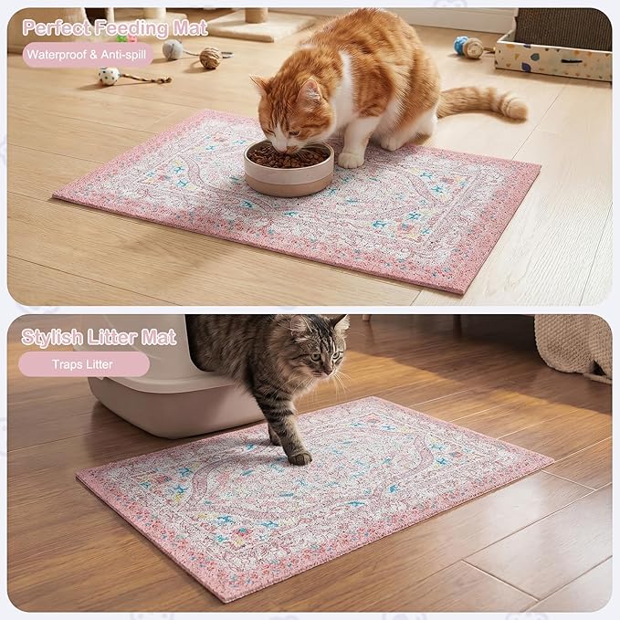 Glittme Cat Litter Mat with Non-Slip Bottom Litter Box Mat 33"X22" Litter Trapping Mat Easy to Clean Washable Cat Food Mat for Kitty,L