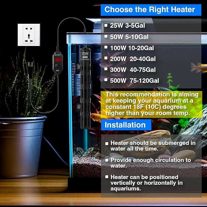 Aquarium Heater 200W, Submersible Fish Tank Heater with LED Digital Display, Auto Power-Off When Leaving Water & High Temp Protection, for Fresh and Salt Water Tanks 20-40 Gal