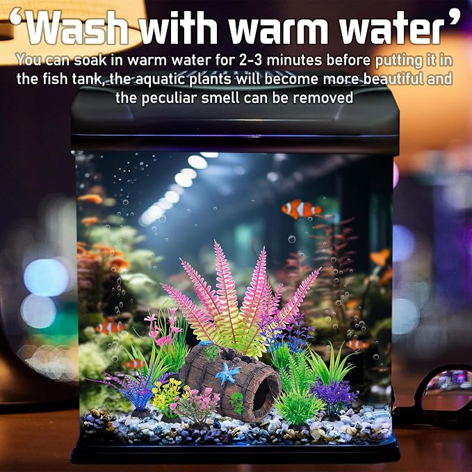 Ameliade 11 Aquarium Plants & Fish Tank Broken Barrel Cave Decorations Set | Broken Barrel Cave and Soft Artificial Plastic Plants Decor Accessories for Betta Goldfish Tank, Small Fish Bowl Ornaments