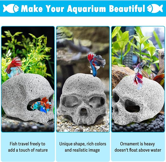 Tfwadmx Aquarium Skull Reptile House Decor Ceramic Head Skeleton Decorations Cave Betta Toys Fish Hideout Stones House for Tank Landscape Decorative Hideout Cave Shelter Shrimp Cichlid Hiding Breeding