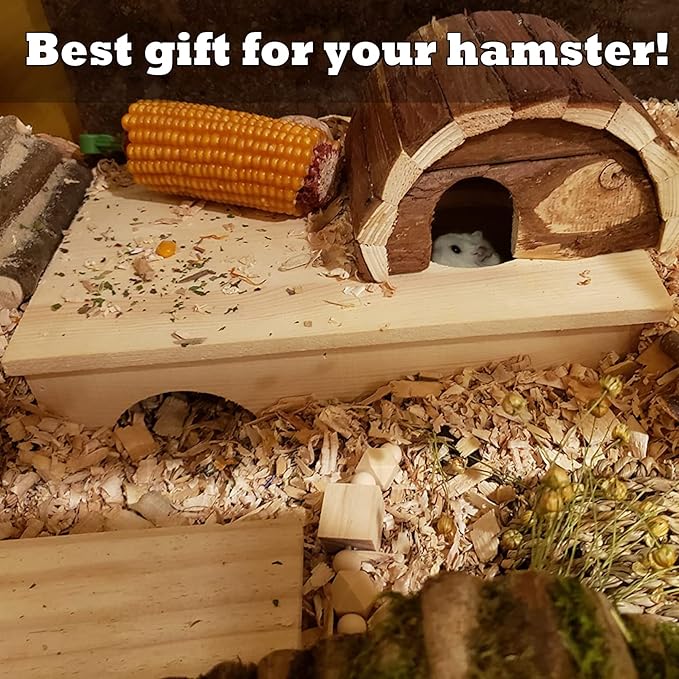 Multi Room Hamster Hideout,Wooden Hamster Multichamber House Platform,Chamber-Maze Gerbil Hideout Wood Tunnel Pet Rat Cage Accessories